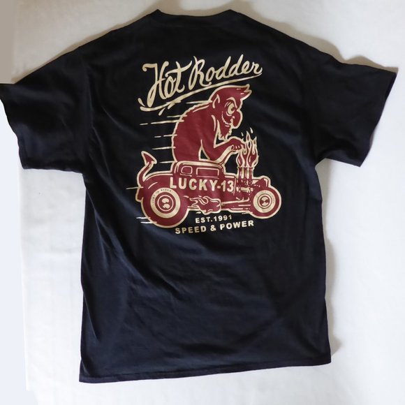 LUCKY 13 HOT RODDER DEVIL SPEED & POWER 2 SIDED BLACK L T SHIRT (PRE-OWNED) - Picture 2 of 7
